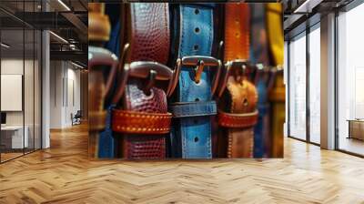 Variety of leather belts on display for sale. Different colors and designs. Wall mural