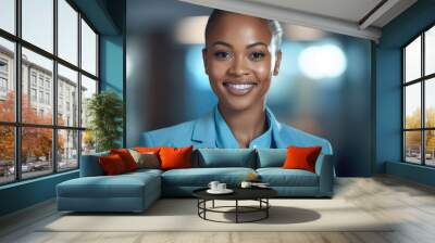 Woman dressed in blue suit smiling for camera. This professional and friendly image can be used for corporate and business-related purposes. Wall mural