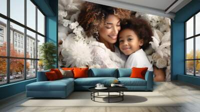 Woman gently holding child in bed of colorful flowers. Bond between mother and child. Ideal for use in family-related articles, parenting blogs, or advertisements promoting love and care. Wall mural