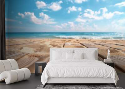 Wooden boardwalk on sandy beach. View of sea and sky. Wall mural