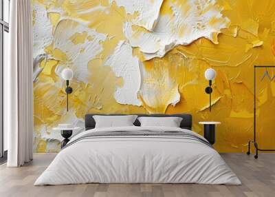 Yellow and white painting with a lot of paint splatters. The painting has a lot of texture and he is unfinished. The colors are bright and bold, giving the painting a sense of energy and movement Wall mural