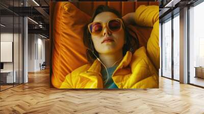 Young woman in yellow jacket relaxing with her eyes closed, listening to music. She wears sunglasses and has a modern, contemporary style. Wall mural