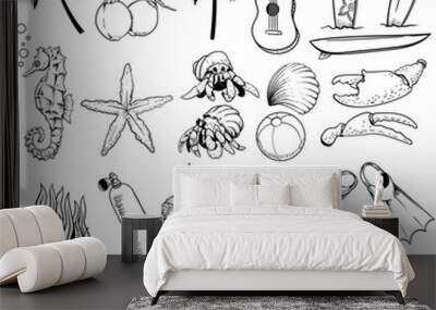 hand drawn black and white summer holidays set Wall mural