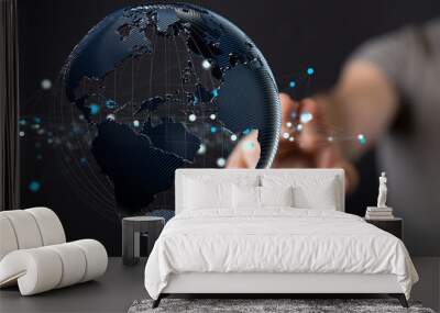 Communication technology global world network concept. Connection lines Around Earth Globe, Motion of digital data flow Wall mural