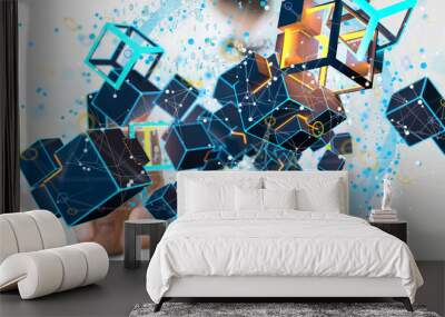 Data cloud storage network from lines, triangles and particle style design. Wall mural