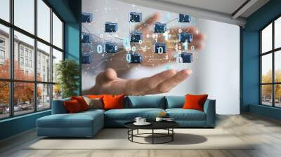 Data cloud storage network from lines, triangles and particle style design. Wall mural