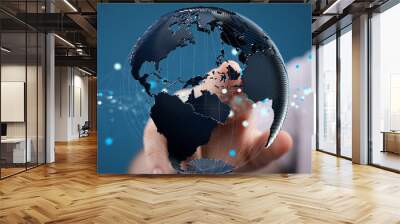 Global telecommunication network around the World with connections between data centers or satellites. Planet Earth from space, concept for connected Wall mural