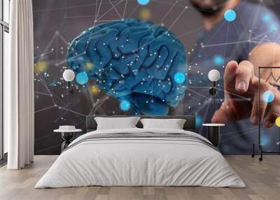 Human brain digital illustration. Electrical activity, flashes and lightning on a blue background. Wall mural