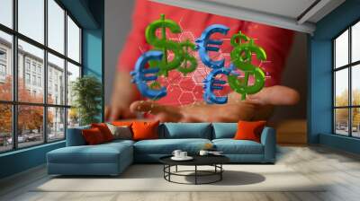 Main world currency theme dollar and euro background. Row and pile of money banknotes. Wall mural