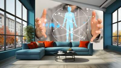 medi  - Medicine doctor and stethoscope in hand touching icon medical network connection with modern virtual screen interface, medical technology network concept Wall mural