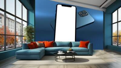 Mobile phone with a blank screen on podium. Mockup template of modern smartphone. 3d rendering Wall mural