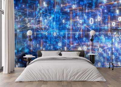 Neural network 3D illustration. Big data and cybersecurity Wall mural