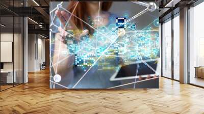 Neural network 3D illustration. Big data and cybersecurity Wall mural