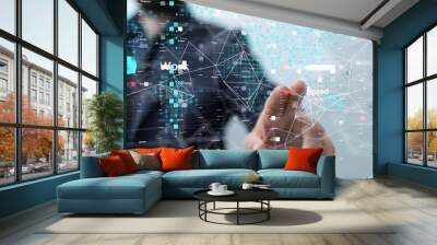 Neural network 3D illustration. Big data and cybersecurity Wall mural