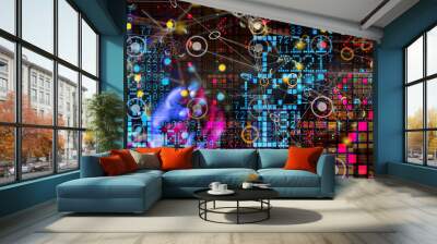 Neural network 3D illustration. Big data and cybersecurity Wall mural