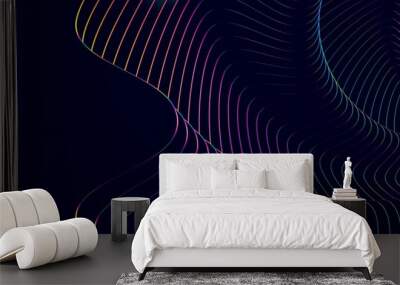 Smooth wave lines on blue neon color light background. Wall mural