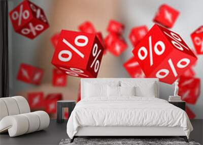 using white and red sales flying icons 3D rendering Wall mural