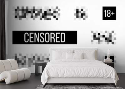 Censored signs on white backdrop. Rectangle censor template. Censorship pixel effect. Censure mosaic design. Blurry pixel symbol. Vector illustration Wall mural