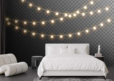 Christmas lights isolated. Glowing garlands on transparent dark background. Realistic luminous elements. Bright light bulbs for poster, card, brochure or web. Vector illustration Wall mural