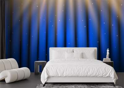 Curtain blue background with spotlights. Bright stage with flying particles. Ceremony template with closed curtain. Elegant scene with light beams. Vector illustration. Wall mural