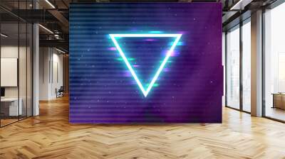 Glitch retro triangle. Glowing neon shape on cosmic backdrop. Cyberpunk template with digital glitched elements. Future effect in space for poster or brochure. Vector illustration Wall mural