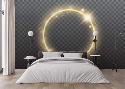 Gold circle on transparent backdrop. Glowing ring with yellow backlight. Round golden frame with bright glitter. Luxury element for advertising. Vector illustration Wall mural