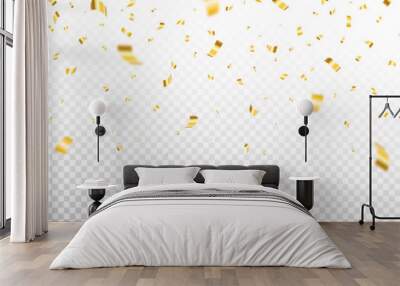 Gold confetti on transparent backdrop. Realistic falling tinsel. Luxury anniversary template. Flying decoration elements. Bright serpentine isolated. Vector illustration Wall mural