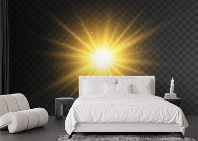 Gold glowing star on transparent backdrop. Magical explosion with star dust. Christmas light effect with magic particles. Yellow energy flash. Golden glitter and glare. Vector illustration Wall mural