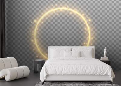 Golden circle on transparent backdrop. Glowing ring effect with glitter. Round gold frame and magic stardust. Festive element with glittering elements. Vector illustration Wall mural