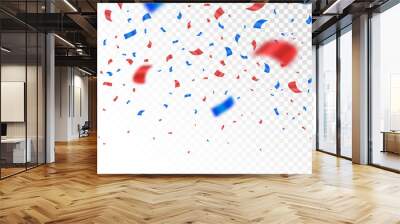 Red and blue confetti isolated on transparent background. Anniversary decoration elements. Falling color confetti. Realistic defocused serpentine. Vector illustration Wall mural