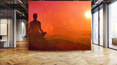  yoga practices on the mountain with sunrise background Wall mural