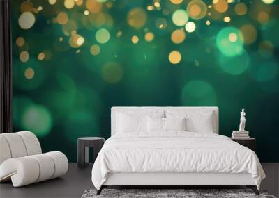 Abstract blur bokeh banner background. Gold bokeh on defocused emerald green background Wall mural