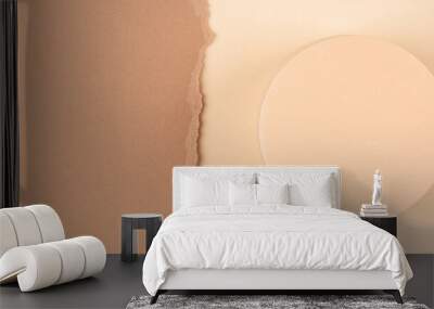 Abstract composition with empty round podium platform for product presentation and curve shaped torn paper edge on brown beige background. Top view Wall mural