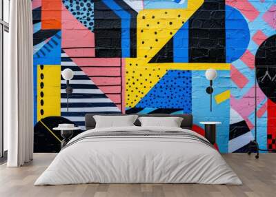 Abstract street art background. Creative graffiti with geometric shapes and lines in Memphis style on brick wall Wall mural