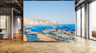 Benidorm Levante beach in sunny day. Benidorm is popular resort city on Spain Costa Blanca, famous for its skyscrapers, sandy beaches, vibrant nightlife Wall mural