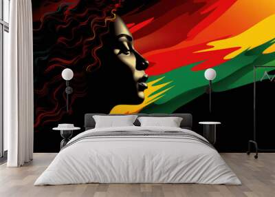 Black History Month background. African-american woman face in profile over red yellow green black colors background. Juneteenth freedom day. Racial equality, freedom, human rights day Wall mural