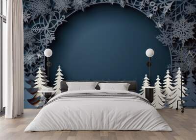 Christmas postcard. Layered paper cut out Christmas frame with white winter pattern on navy blue background. Wall mural