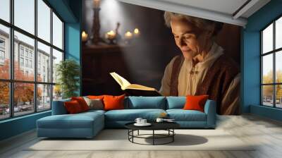 Eldery woman holds bible in her hands. Woman reading the Holy Bible in the evening at home or in church. Religion, faith, spirituality peace, hope, traditional family values concept Wall mural