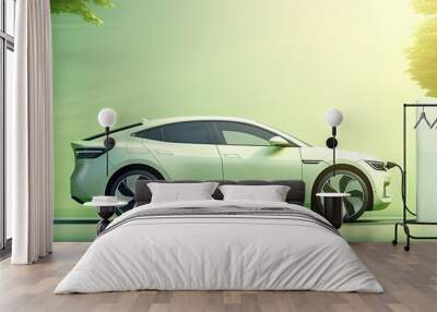 Electric car charging concept. White modern car in electronic vehicle power dock. EV Plugin station. Fuel recharge cells. Green energy Wall mural