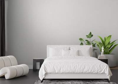 Empty wooden table counter background mockup design for product presentation. Bright wood top desk tabletop and two potted plants near white wall background Wall mural