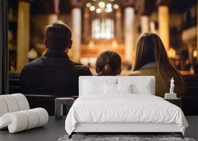 Family sitting on the bench in small church and praying Wall mural