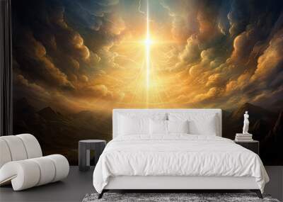 God light in heaven symbolizing divine presence, truth, spiritual illumination, God love and grace. Cross-shaped light beams blessing world with heavenly light Wall mural