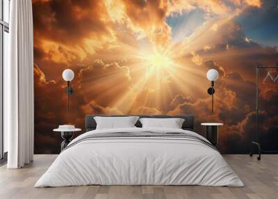 God light in heaven symbolizing divine presence, truth, spiritual illumination, God love and grace. Light beams blessing world with heavenly light Wall mural