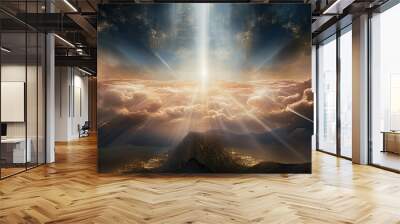 God light in heaven symbolizing divine presence, truth, spiritual illumination, God love and grace. Light beams blessing world with heavenly light Wall mural