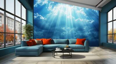 God light in heaven symbolizing divine presence, truth, spiritual illumination, God love and grace. Light beams blessing world with heavenly light Wall mural