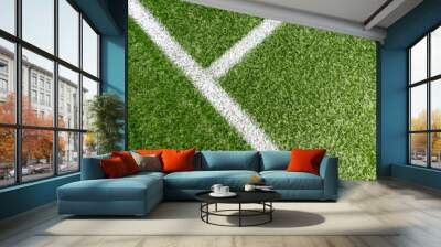 Green synthetic artificial grass soccer sports field with white corner stripe line Wall mural