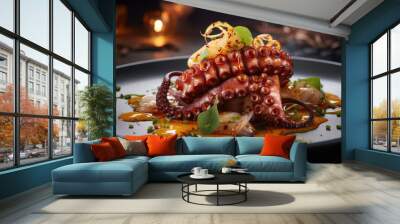 Grilled octopus on black plate. Traditional Mediterranean dish Wall mural