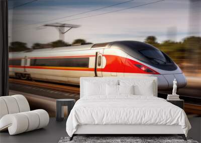 High speed train in motion on the railway. Modern intercity passenger train with motion blur effect. High speed train is popular and efficient mode of transportation in Spain Wall mural