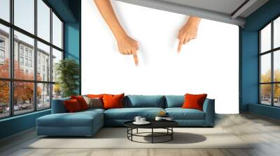 Kid hands pointing down with fingers to something on white background Wall mural