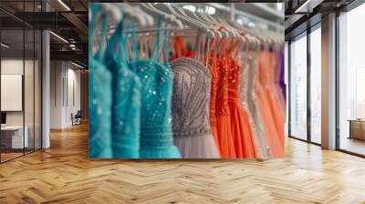 Many colorful elegant formal dresses for sale in luxury modern shop boutique. Prom gown, wedding, evening, bridesmaid dresses dress details. Dress rental for various occasions and events Wall mural